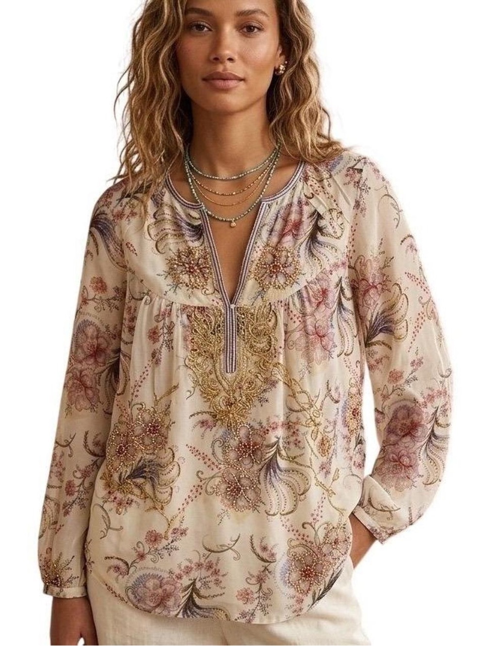 SUNDANCE Silk Boho Floral Embroidered Beaded Peasant Blouse Cream Pink L